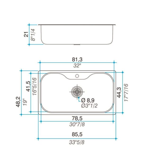BACHA SIMPLE ACERO INOX MEDIDA:85,5x48,2X21 MODELO:LUXOR SI85A* - JOHNSON - - Imagen 2